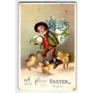 Easter Postcard Ellen Clapsaddle Boy Baby Chicks Egg Shell Flower Basket 1910